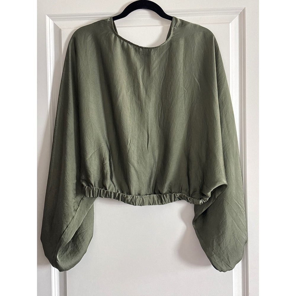 Free People Green Midnight Vibes Surplice Balloon Sleeve Cropped Blouse Size M - Picture 5 of 8